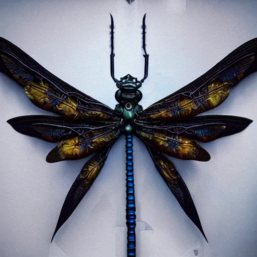 Prompt: intricate detailed mechanical victorian goth dragonfly by peter mohrbacher and dan mumford, cgsociety, volumetric light