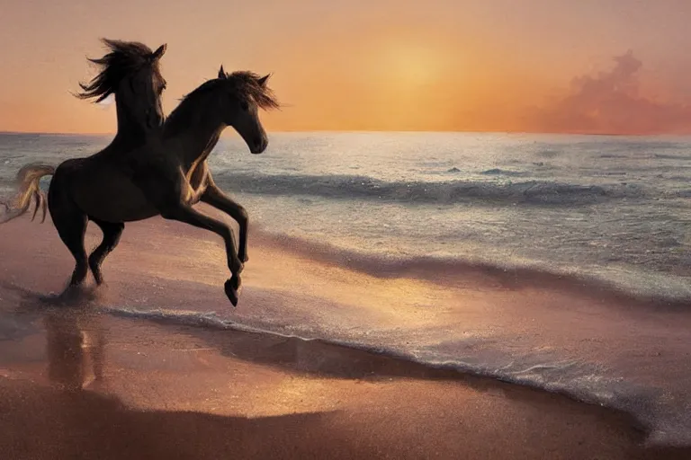 Image similar to a horse running on the beach at sunset by greg rutkowski