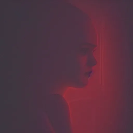 Prompt: silhouette of a Elle Fanning gazing in a mirror, pitch black room, extremely detailed masterpiece, oil on canvas, low-key neon lighting, artstation, Blade Runner 2049, Roger Deakin’s cinematography, by Julia Soboleva,