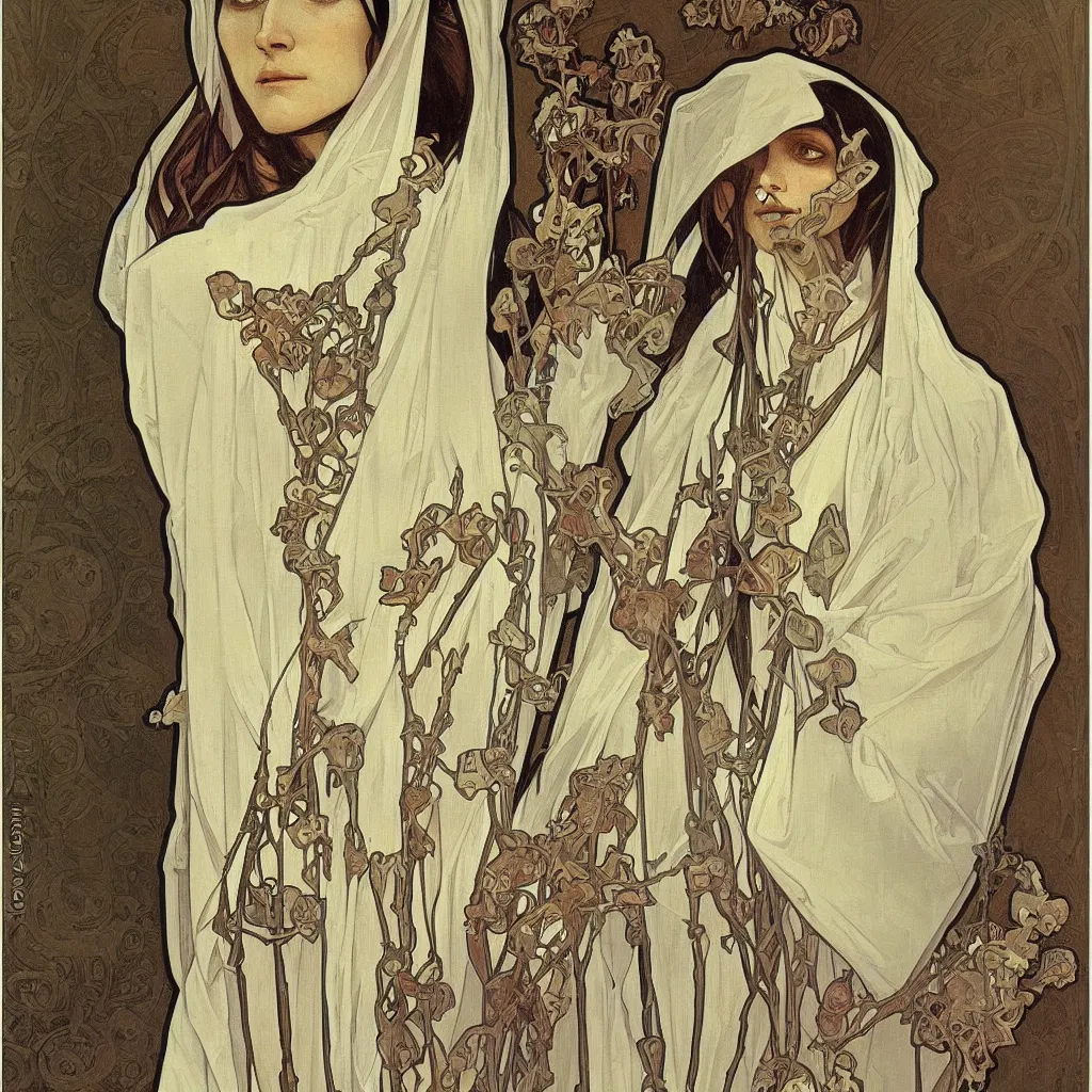 Image similar to Stunning portrait of a skeleton nun in Realistic style by Alphonse Mucha,oil on canvas