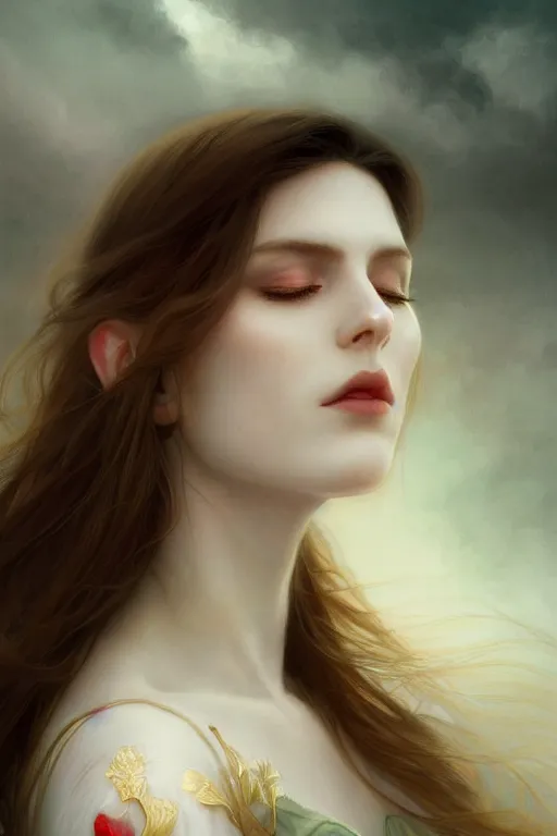 Image similar to portrait of white ghost, dark fantasy, gradient white red grey, dreamy and ethereal, green eyes, golden ratio, peaceful expression, lace, fantasy, intricate, elegant, stormy sky, highly detailed, digital painting, artstation, concept art, smooth, b sharp focus, illustration, art by artgerm and greg rutkowski and alphonse mucha