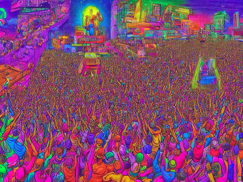 Image similar to rapping on stage at festival, holding microphone, giant crowd, epic angle, happy, psychedelic, hip hop, surreal, neon, vaporwave, detailed, illustrated by Alex Grey, 4k