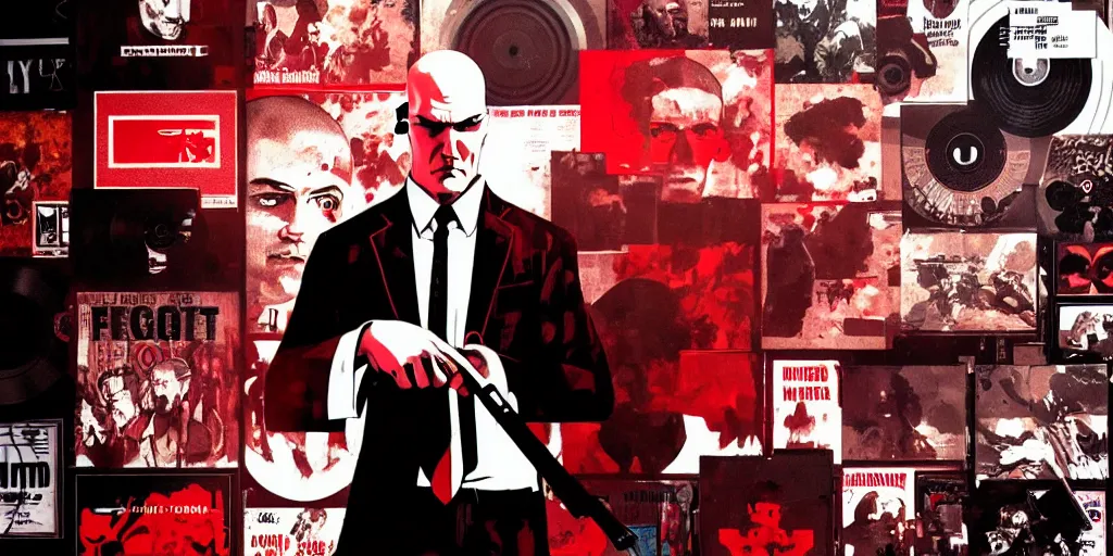 Image similar to a portrait of agent 4 7 from hitman wearing headphones in front of a wall of vinyl records, head being lit by red rim light, digital art, artstation, art by yoji shinkawa