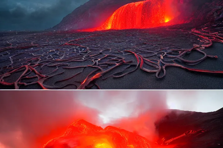 Image similar to lava falls from the red sky upon a football stadium, crowds panic, cinematic lighting by Jessica Rossier