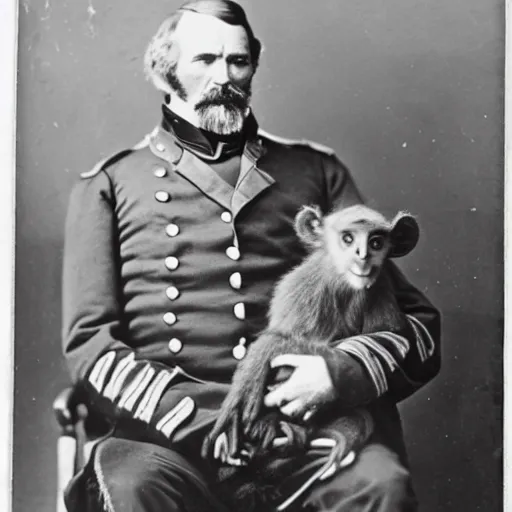 Image similar to a 1 8 5 8 photo of general pitzer, a union general, holding a baby monkey