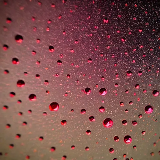 Prompt: worm's - eye view of a ruby rain over a city. the rain drops are tiny ruby gems. many ruby gems accumulated on the streets and a lot falling from the sky