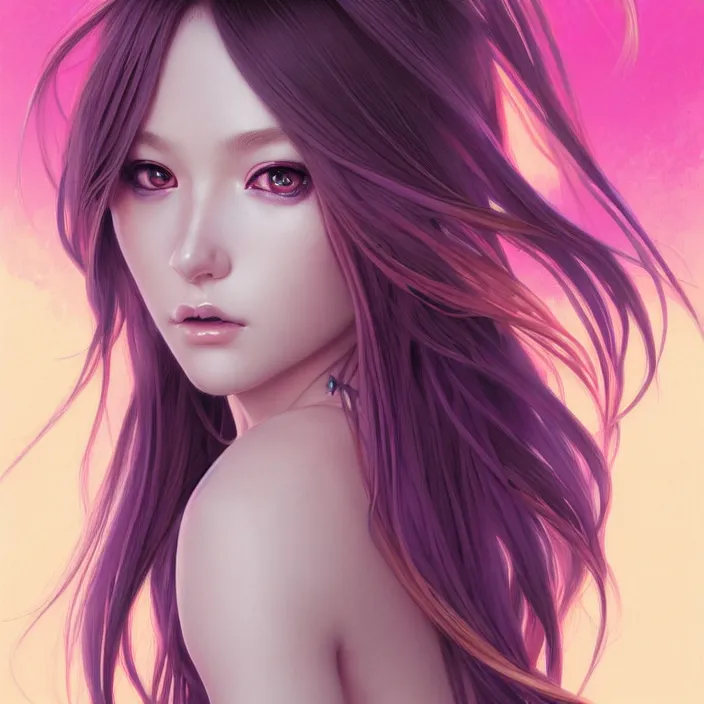 Image similar to portrait of beautiful symmetrical anime girl, rainbow hair, attractive, casual, modern, victoria's secret, highly detailed, digital painting, artstation, concept art, smooth, sharp focus, illustration, art by moebius artgerm, greg rutkowski and alphonse mucha, 8 k,