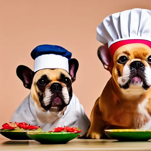 Prompt: a 8k highly detailed still photo by Anne Geddes of Two multi-colored French Bulldogs in chef hats and aprons starring on a cooking show