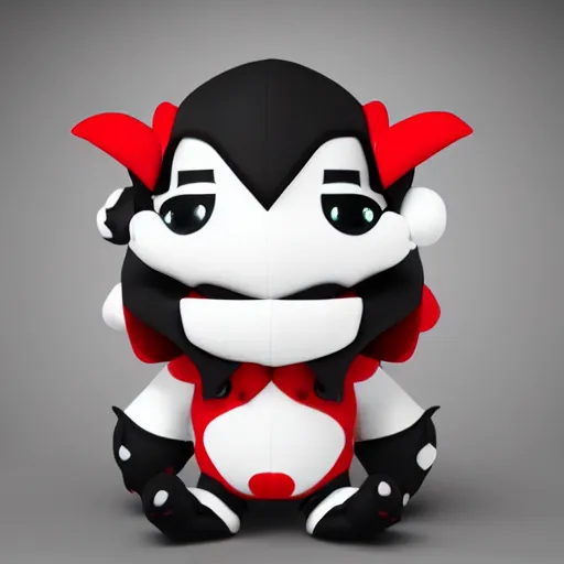 Image similar to cute fumo chibi plush imp, black and white with red hearts, mystery villain, midboss, soft shadow, vray, asymmetry