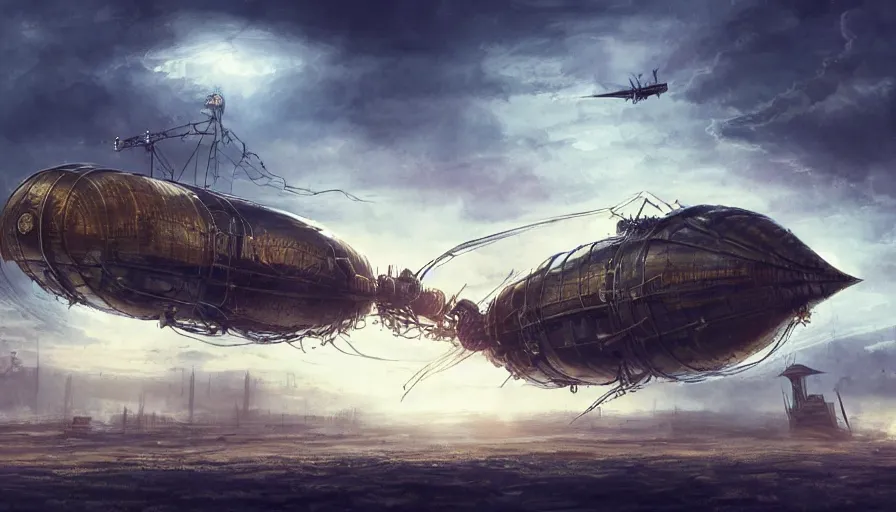 Prompt: a concept art of a steampunk airship exiting it's hanger to sail away in the morning sky, concept art, trending on artstation, steampunk, volumetric lightning