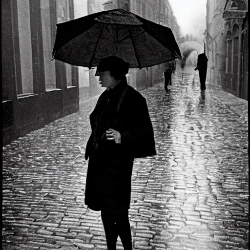 Image similar to fine art photograph of a woman waiting for the rain to stop, rainy flagstone cobblestone street, sharp focus photo by henri cartier - bresson