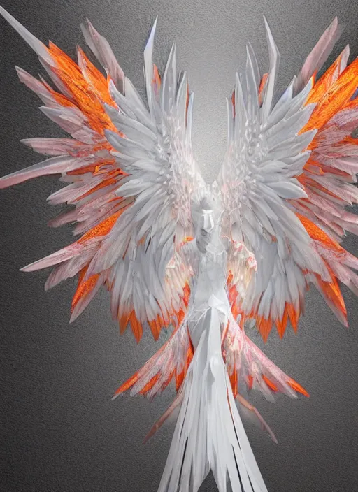 Prompt: white phoenix orange pink salt crystals sharp detail 3d spread crystal wings render simple background graphic design fai khadra gaika style