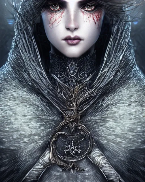 Image similar to highly detailed sharp portrait of a beautiful female hunter with shimmering hair, symmetrical face and eyes, dressed in intricate silver, cgsociety, Elden Ring, Dark Souls, Bloodborne