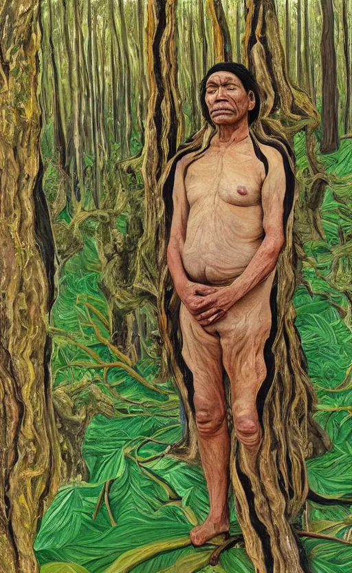 Image similar to full shot picture of indigenous leader standing in the forest, painted by lucian freud, hd, super detailed, amazing, realistic lighting