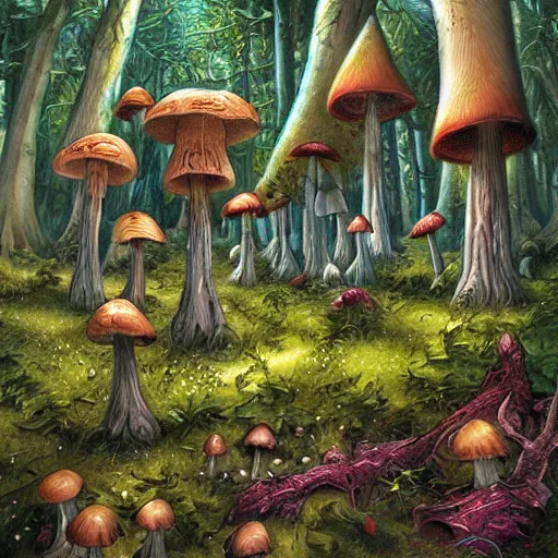 Prompt: mushroom forest drawn by ralph horsley, digital art, highly detailed, corrupted