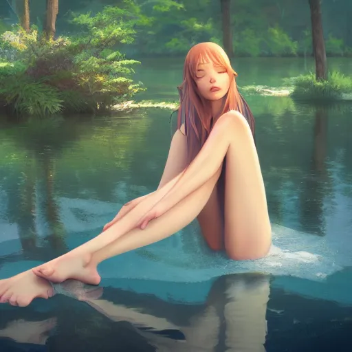 Image similar to woman sitting with her feet in a lake, beautiful and relaxing, very very very long hair, Makoto Shinkai ilya kuvshinov and Wojtek Fus