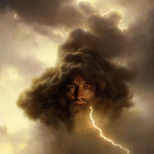 Prompt: breathtaking soft painting of angry zeus in a lightning sky, realistic symmetrical face features, rembrandt style, elegant, highly detailed, artstation, concept art, matte, sharp focus, art by tom bagshaw, and greg rutkowski