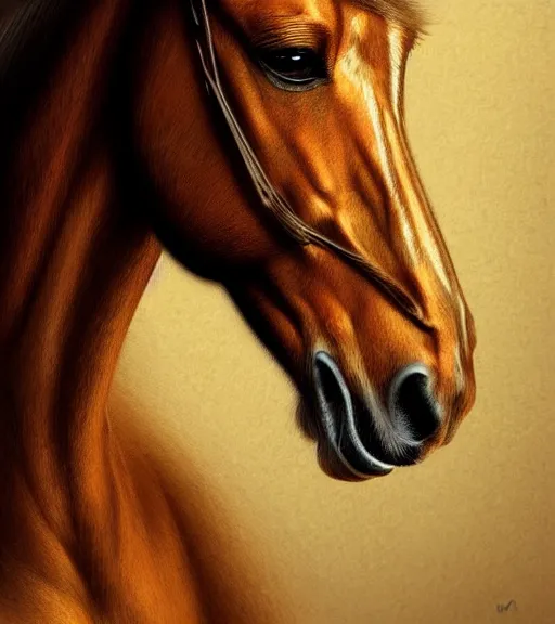 Image similar to portrait of a horse with heightened detail, poised, intense emotion, detailed facial expression, detailed surroundings, intricate, elegant, highly detailed, centered, digital painting, artstation, concept art, smooth, sharp focus, illustration, by ( leonardo da vinci ), wlop