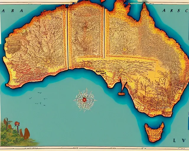 Image similar to recently rediscovered map of Australia, 16k scan, colorized, beautiful, intricate detail,