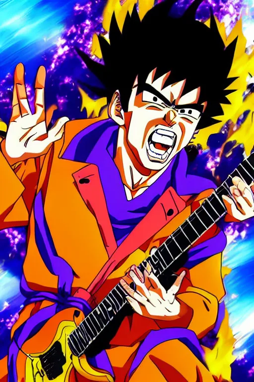 Prompt: jimi hendrix preforming in dragon ball z art style, anime art, epic, HD, cinematic