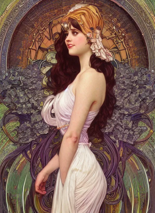 Image similar to Zooey Deschanel as God of Naivety, cute, fantasy, intricate, elegant, highly detailed, digital painting, 4k, HDR, concept art, smooth, sharp focus, illustration, art by alphonse mucha,artgerm, H R Giger