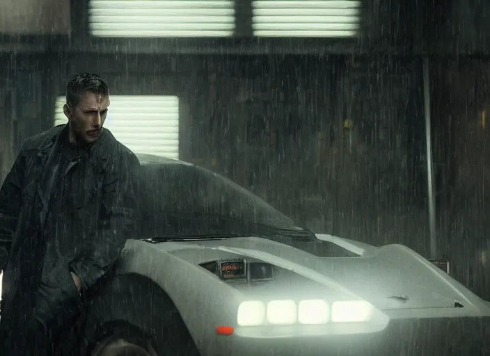 Prompt: Bladerunner 2049 scene man working on his sports car in small garage cluttered with tools parts dark atmospheric volumetric lighting grungy moody dark cinematic Roger Deakins Cinematography futuristic cyberpunk car R35 NSX R8 S14 Evo X Z06 ikuo maeda Newton Thomas Sigel bladerunner 2049 screen cap still