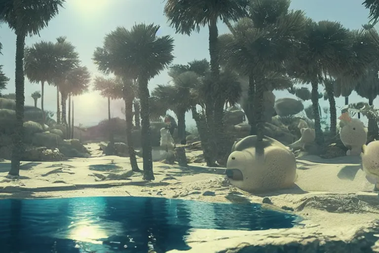 Image similar to desert oasis in a translucent casing electronic environment, ps 4 screenshot, still from a kiyoshi kurosawa movie, sanriocore, full sun lighting, caustic lighting