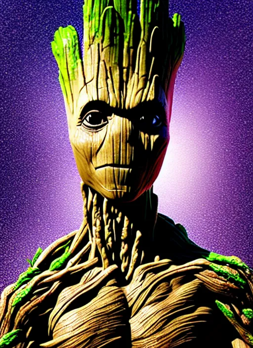 Prompt: groot as marble statue, posing for camera, in space gardens, soft surface texture, very realistic 3 d render, soft sun lights, 4 k, high detailed photography result, 5 0 mm lens, rich deep colors, smooth gradients, depth of field, cinematic, hyper realism, high detail, octane render, unreal engine, 8 k, vibrant colors