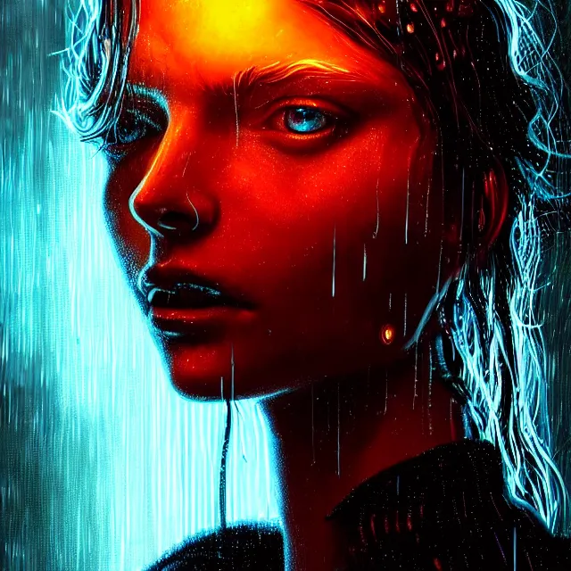 Image similar to bright portrait LSD glowing backlit rain on face and wet hair, cyberpunk, overhead lighting, fantasy, intricate, elegant, dramatic lighting, highly detailed, lifelike, photorealistic, digital painting, artstation, illustration, concept art, smooth, sharp focus, art by John Collier and Albert Aublet and Krenz Cushart and Artem Demura and Alphonse Mucha