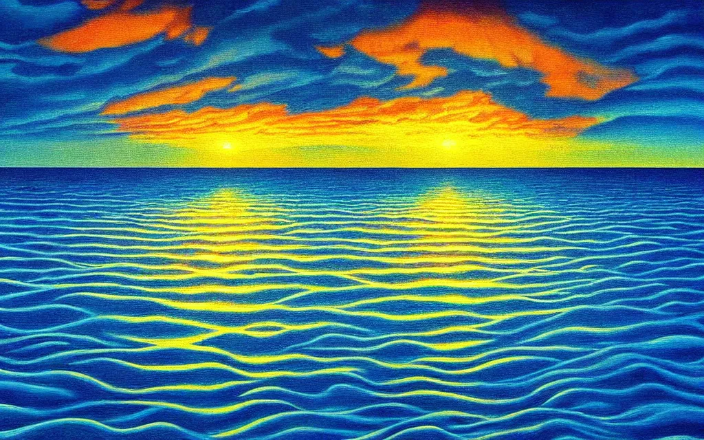 Image similar to scene of an ocean sunset in the style of a surrealist optical illusion detailed painting