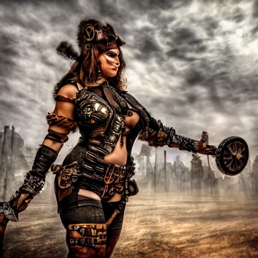 Prompt: long shot photo beautiful steampunk barbarian, highly detailed, 4k, HDR, award-winning photo