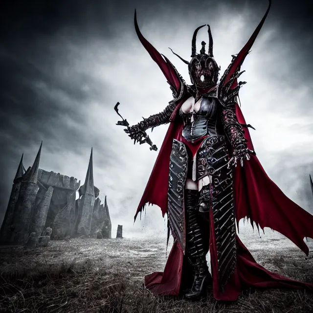 Image similar to full body photo of a vampire queen warrior wearing demonic armour, highly detailed, 4 k, hdr, smooth, sharp focus, high resolution, award - winning photo