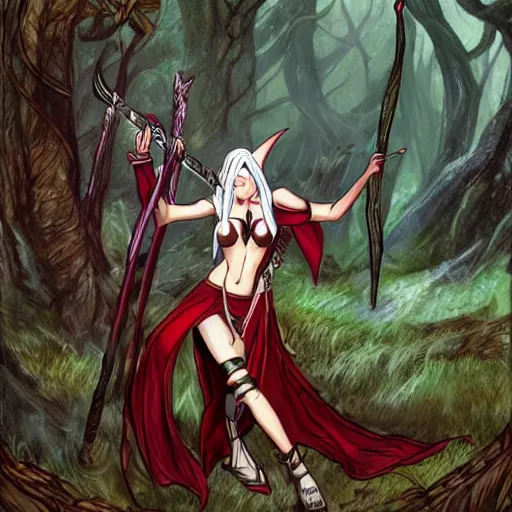 Image similar to a photo of an elven high mage with a staff having a magic standoff with a succubus demon in a magical forest. The demon is mostly red and black colored, and is armored. The elf wears robes.