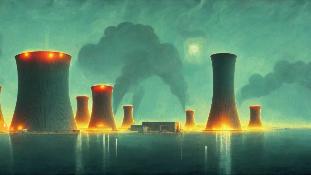 Image similar to A nuclear power plant in utopia by Simon Stålenhag and J.M.W. Turner, oil on canvas; Nuclear Fallout, Art Direction by Adam Adamowicz; 4K, 8K Ultra-Realistic Depth Shading