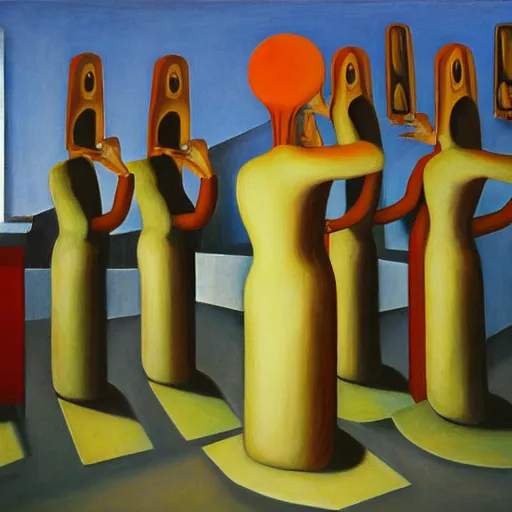 Image similar to cult ritual, human subjugation, mind control, dystopian, pj crook, edward hopper, oil on canvas