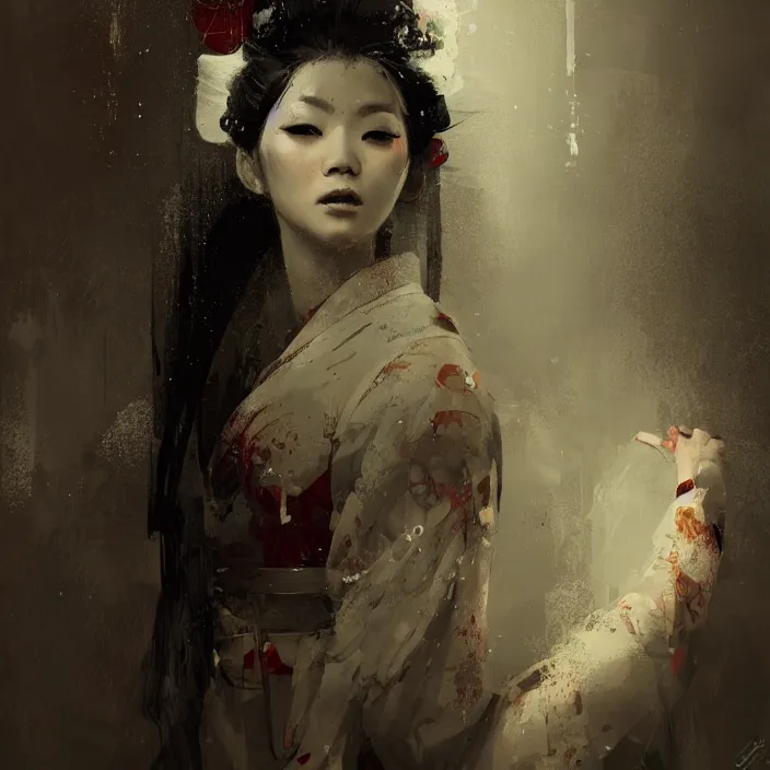 Image similar to female geisha girl, beautiful face, rule of thirds, intricate outfit, spotlight, by greg rutkowski, by jeremy mann, digital painting