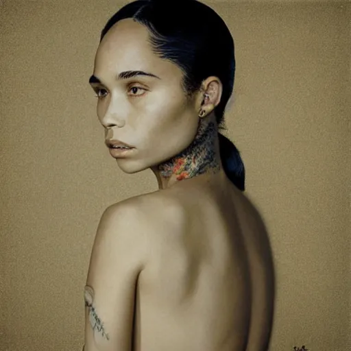 Image similar to “ zoe kravitz portrait by ikenaga yasunari and ayana otake and ko rakusui, drawing, realistic, sharp focus, japanese, dreamy, nostalgia, faded, golden hues, floral clothes ”