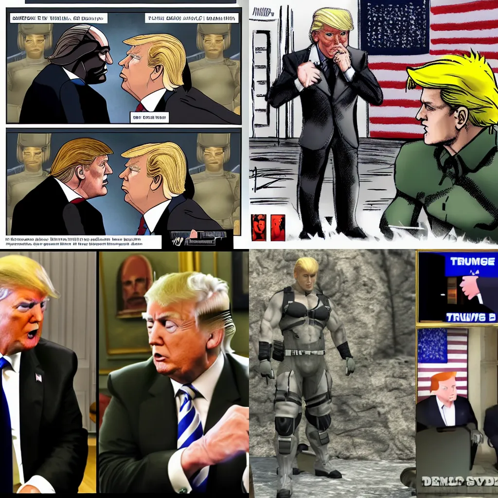 Prompt: Donald trump talking to solid snake, metal gear solid screenshot