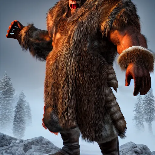 Image similar to A full body shot of a handsome orc looking into the camera wearing a fur jacket and boots, full body shot, artstation, realistic, highly detailed, symmetrical, hyper realism, high detail, octane render, unreal engine, 8k, fantasy art, intricate, highly detailed, concept art