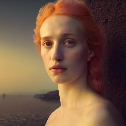 Image similar to photographic portrait of a stunningly beautiful english renaissance female in soft dreamy light at sunset, beside the river, soft focus, contemporary fashion shoot, in a denis villeneuve and tim burton movie, by edward robert hughes, annie leibovitz and steve mccurry, david lazar, jimmy nelsson, extremely detailed, breathtaking, hyperrealistic, perfect face, octane render