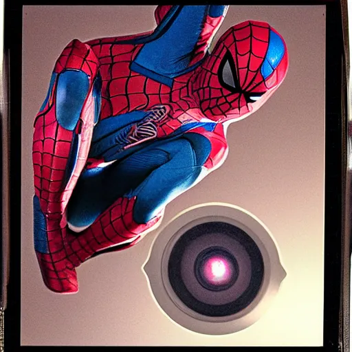 Image similar to a single iron man and spider - man hybrid, dslr, polaroid