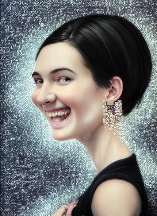 Image similar to portrait of white teenage girl, narrow face, short black hair, bangs, half updo hairstyle, buck toothed big smile, unattractive, defined jawline, long chin, wearing hair bow, earrings, intricate, elegant, glowing lights, highly detailed, digital painting, artstation, sharp focus, illustration, art by wlop, mars ravelo and greg rutkowski