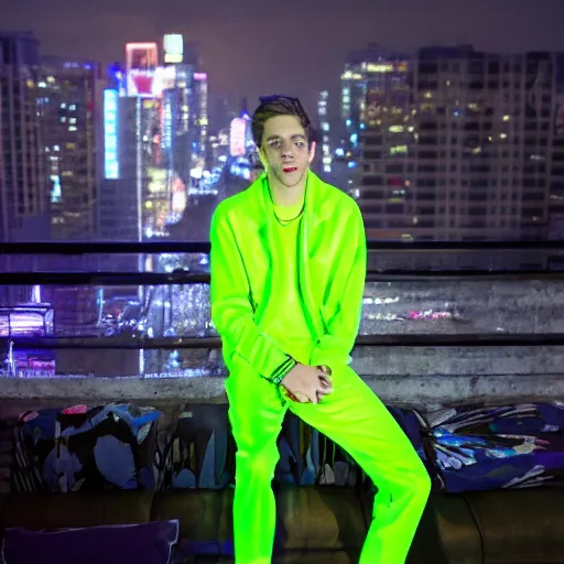 Image similar to pete davidson watching movies in the dark wearing neon clothes