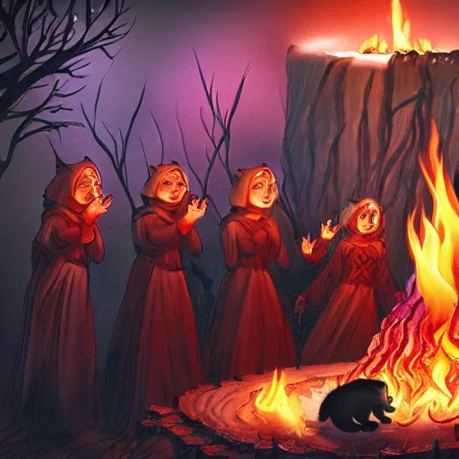 Image similar to a cult of black cloak wearing kittens summon a fire goddess from the depths of a raging fire pit, flames are emerging from fissures in the ground.