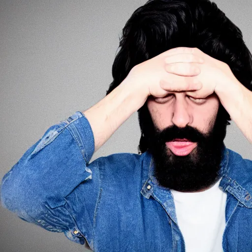 Prompt: a man with black hair and beard, wearing a black jacket, white shirt and blue jeans, holding his hands up to his face in pure fear, illustration, realistic, 8 k, atmospheric