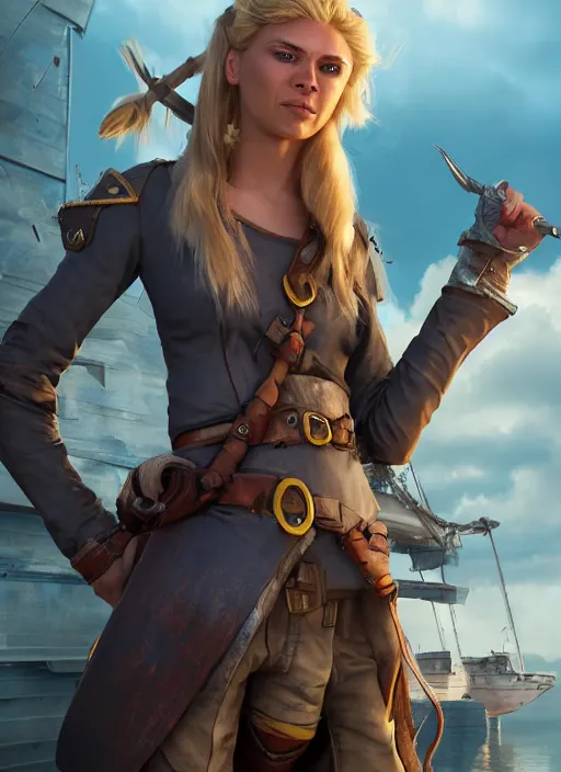 Image similar to An epic fantasy comic book style portrait painting of tall blonde haired female sky-pirate with a serious face and a pony tail in front of a metal gangplank, unreal 5, DAZ, hyperrealistic, octane render, cosplay, RPG portrait, dynamic lighting