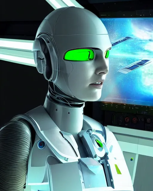 Prompt: A female Android extraterrestrial pilot in the control seat while flying the spacecraft. A viewing window in Background with a three-dimensional computer hologram showing as a reflection, insanely detailed, digital art