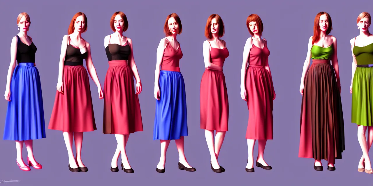 Prompt: Ladies in different dresses and skirts, trending on artstation, photorealism, digital painting