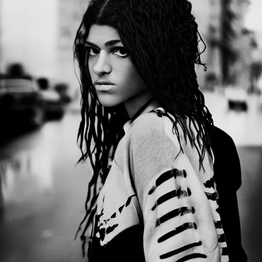 Image similar to black and white fashion photograph, highly detailed portrait of a depressed Zendaya as a drug dealer on a busy Paris street, detailed face looking into camera, eye contact, natural light, rain, mist, lomo, fashion photography, film grain, soft vignette, sigma 85mm f/1.4 1/10 sec shutter, Daren Aronofsky film still promotional image, IMAX 70mm footage