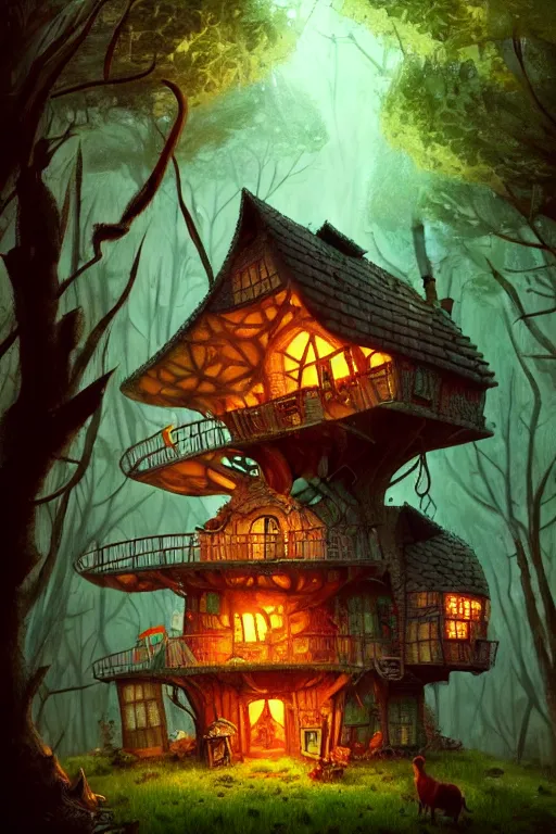 Prompt: a shot from a Jean pierre jeunet movie of a storybook style ramshackle multistory fairytale hut in the forest, intricate, elegant, fantasy, highly detailed, digital painting, concept art, sharp focus, artstation